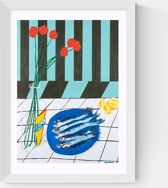 East End Prints Striped Sardines Multicolour Rectangular Framed Wood Art