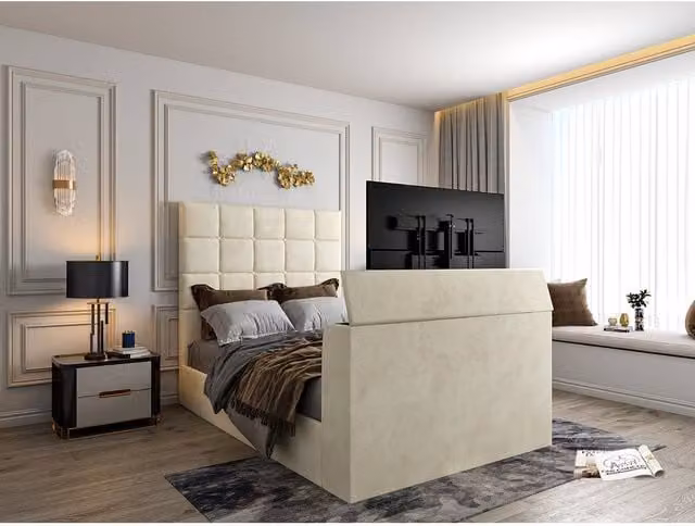 KDMD Luther Upholstered TV Bed Frame in Beige with Under-bed Lighting, W/D/H: 180 x 152 x 159 cm