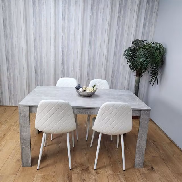 KOSY KOALA Modern Dining Set with Rectangular Stone Grey Effect Wood Table and 4 White Geometric Pattern Chairs in Brown