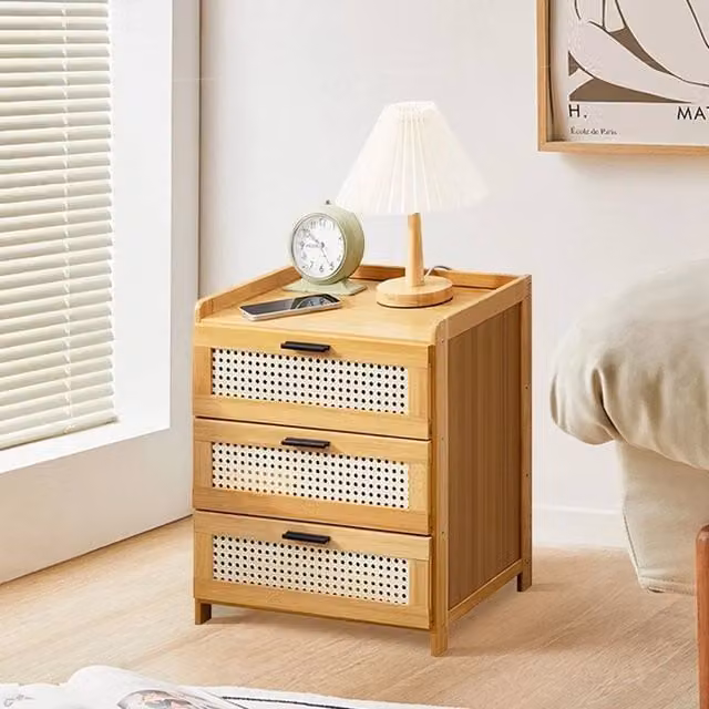 EONLION Wooden Rattan Side Table with Drawer in Brown – 1
