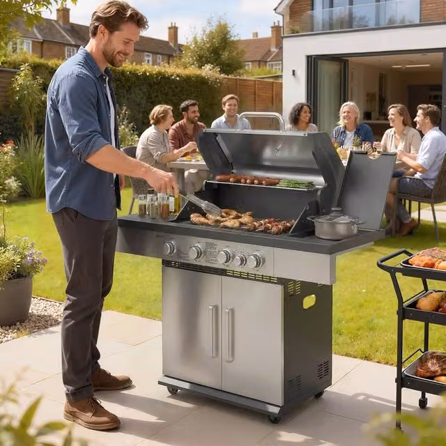 OUTSUNNY 4+1 Burner Gas BBQ Grill with Side Burner, Warming Rack and Thermometer in Silver, W/D/H: 130 x 110 x 110 cm