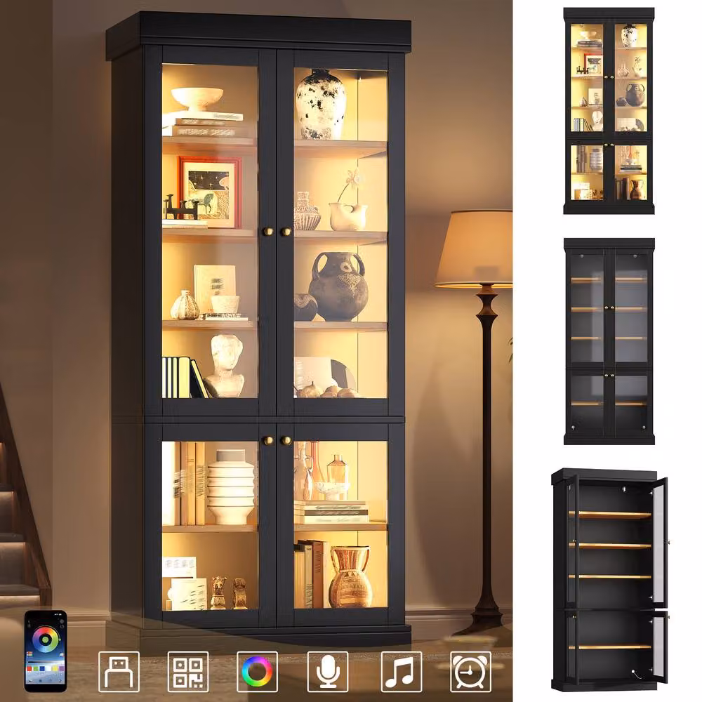 BTM Modern Freestanding LED Glass Display Cabinet with Glass Doors in White and Black – 2