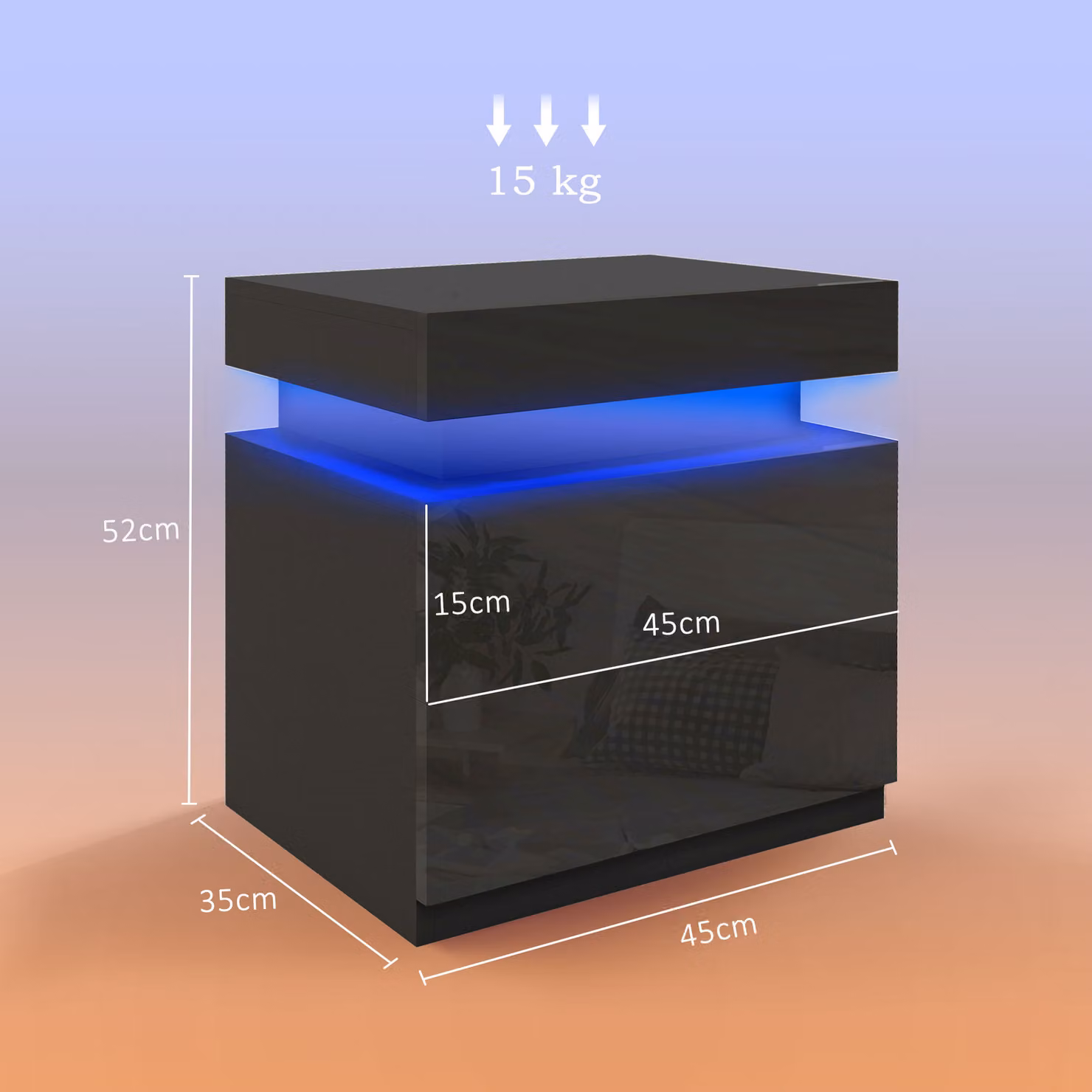HOMCOM Black High Gloss Bedside Table with Integrated LED Light and 2 Drawers – 3