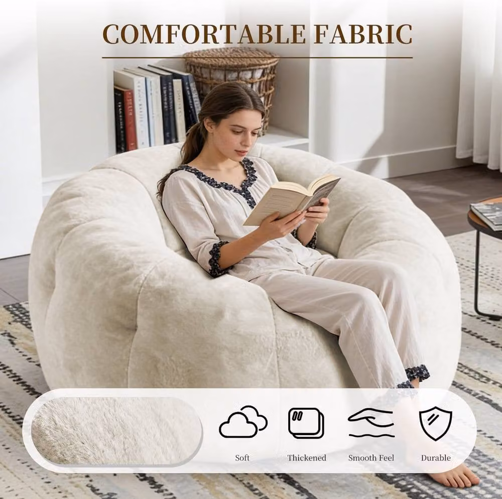STILVORA Oversized Bean Bag Sofa with White Plush Fleece Fabric and Foam Chunks – 3