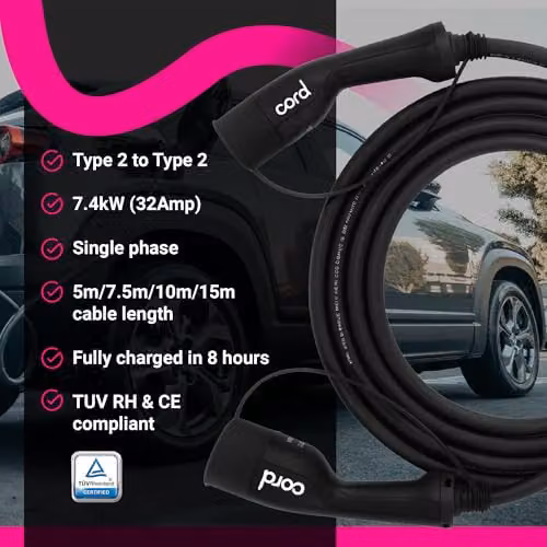 Cord Type 2 to Type 2 EV Charging Cable, 32amp, 7.4kW, 10 Metre, Single Phase, Black & White – 2