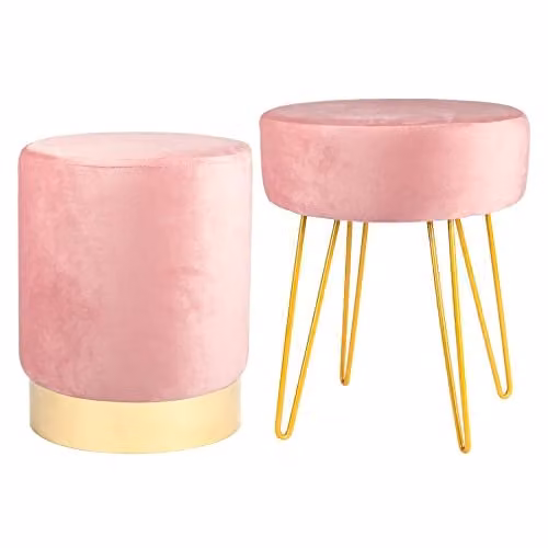 Harbour Housewares 2 Piece Round Pink Velvet Footstool Set with Gold Metal Frame