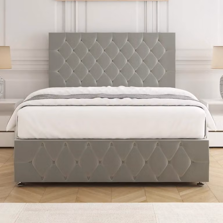 BSSPOKE Mulberry Plush Velvet Single Divan Bed with 24 inch Headboard in Silver, W/D/H: 90 x 190 x 30.48 cm