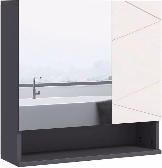 PAWNORA Wall Mounted Modern Bathroom Storage Cupboard with Mirror and Internal Shelves in Matt Dark Grey