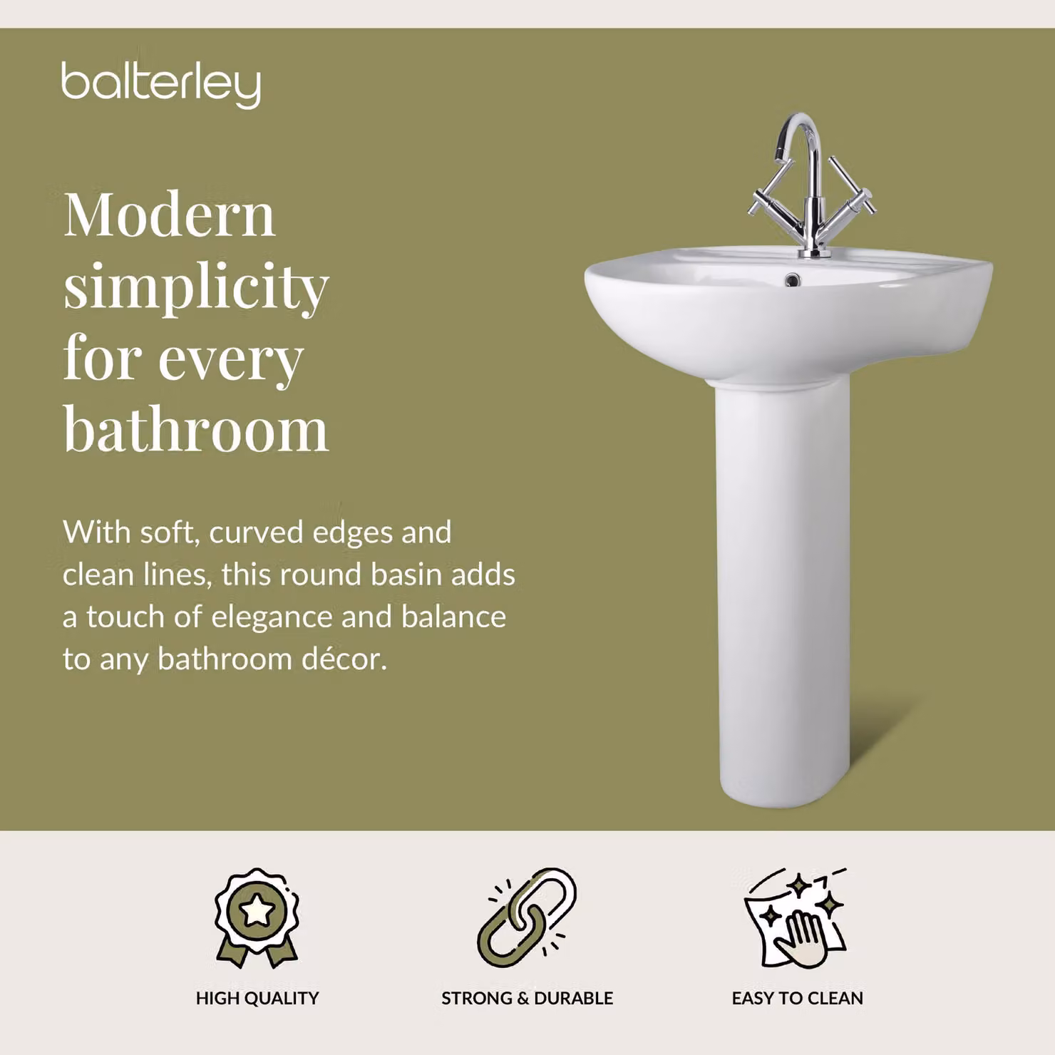 Balterley Adley Round 1 Tap Hole Ceramic Basin with Full Pedestal, White, W: 55 cm, H: 84 cm, D: 47.5 cm – 2