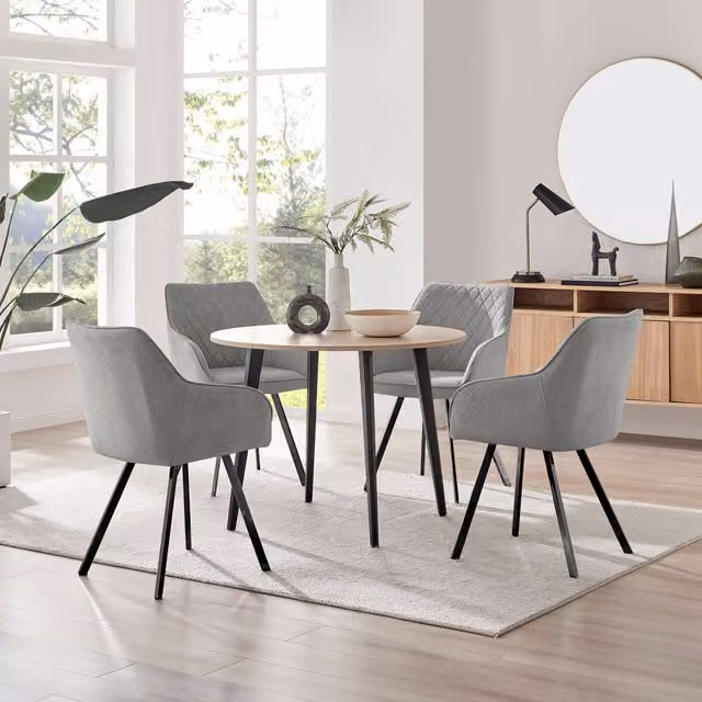 FurnitureboxUK Koko Oak Effect Round Dining Table and 4 Falun Black Leg Dining Chairs in Light Grey