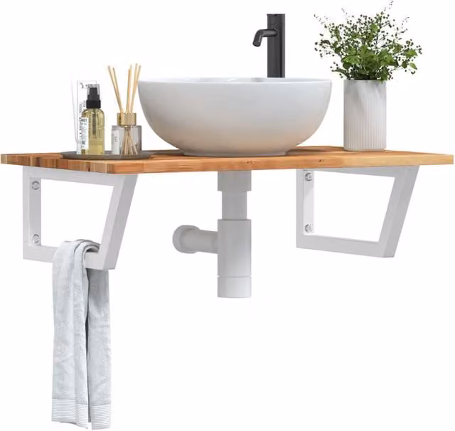 Berkfield Home Wall Mounted Basin Shelf in Brown Steel and Solid Acacia Wood – 1
