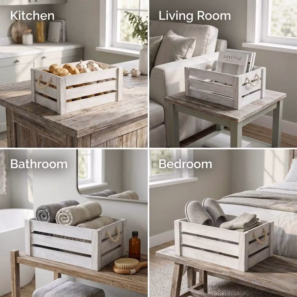 SPETLEK Wooden Slatted Crate Box with Handles in Light Grey – 2