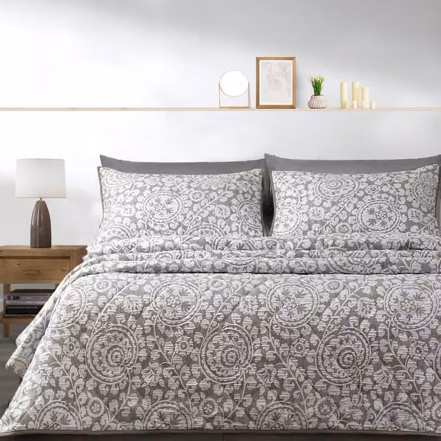 Velosso Matteo Floral Jacquard Bedspread Set in Multicolour Grey, King Size
