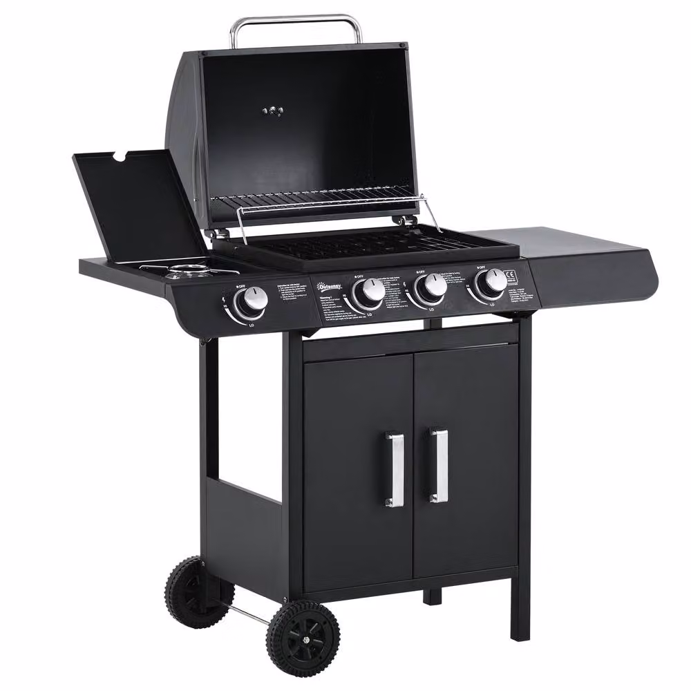 OUTSUNNY Gas Barbecue Grill with 3+1 Burners, Side Burner and Thermometer, Black – 2