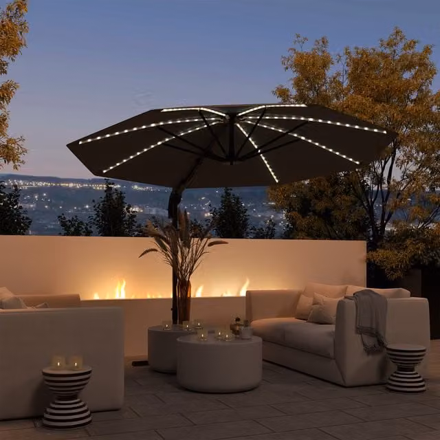 Outsunny 3m Garden Parasol with Lights and Crank Handle in Dark Grey