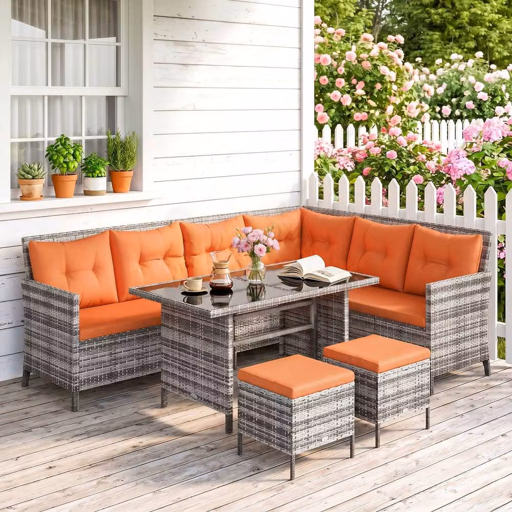 OUTSUNNY 6 Piece Rattan Patio Sofa Set with Metal Frame in Orange and Beige – 2