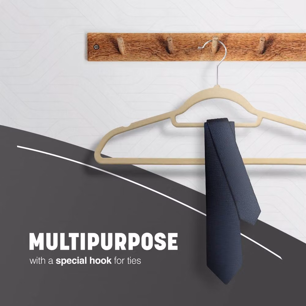 Keplin Non-Slip Velvet Flocked Clothes Hangers with Tie Bar, Beige, 20 Pack – 6