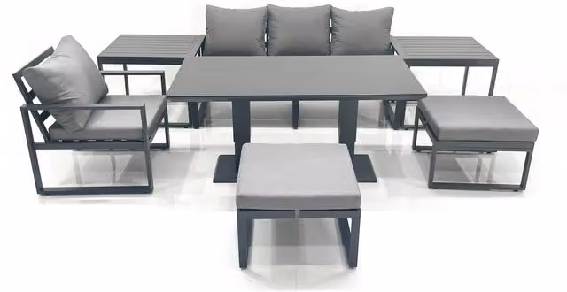Fimous 6-Seater Aluminium Garden Sofa Set with Adjustable Dining Table in Dark Grey