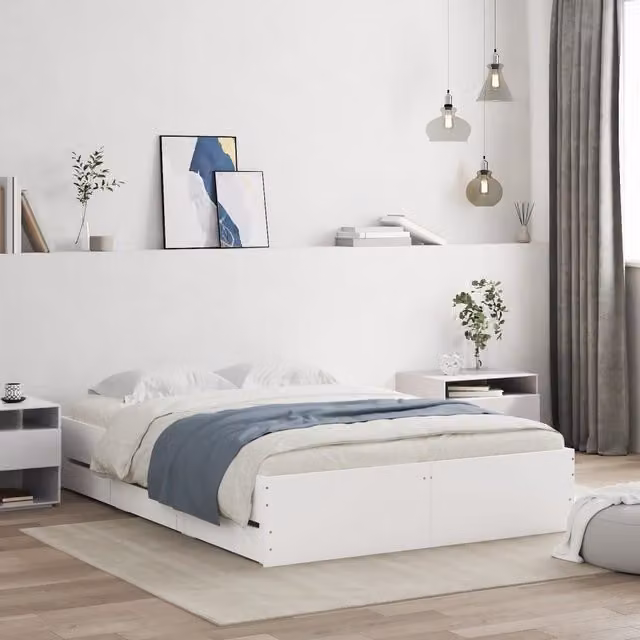 Berkfield Home Double Bed Frame with Drawers in White, W: 135 cm, D: 190 cm – 1