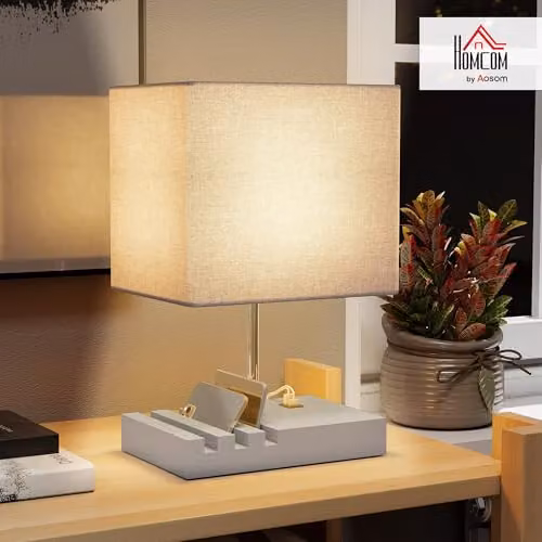 HOMCOM Grey Bedside Lamp with USB A+C Charging Ports and 3 Phone Stands – 2