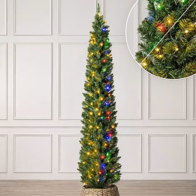 Christow Pre-Lit Slim Pencil Christmas Tree with Colour Switch and Timer in Green – 1