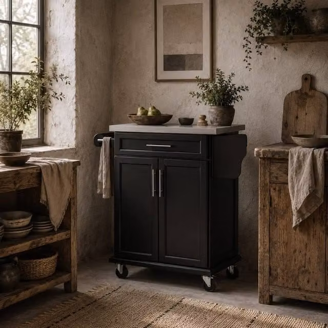 Wyld Haus Paha Black Kitchen Island Trolley with Stainless Steel Top, W/D/H: 83.5 x 45.7 x 90.5 cm – 1