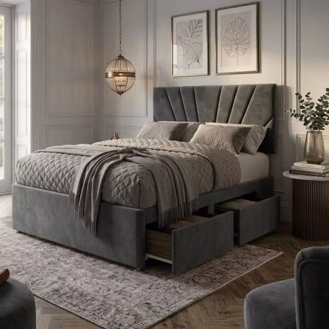 Bed Time UK Plush Divan Bed with 20 inch Sunrise Headboard, 2 Drawers and Mattress in Grey, Super King, W: 200 cm x D: 200 cm