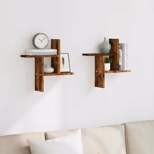 vidaXL Set of 2 Wall Mounted Shelves in Smoked Oak Brown, W/D/H: 38 x 12 x 38 cm – 2