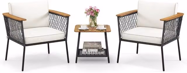 Costway 3 Piece Modern White Wicker Outdoor Conversation Set with Acacia Wood and Rattan