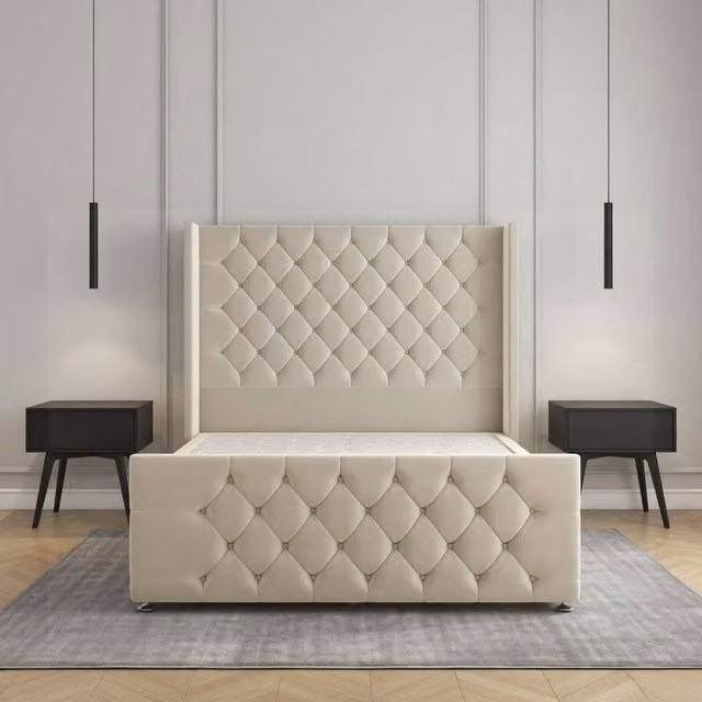 Regional Furnishings Super King Plush Velvet Divan Bed Set in Beige, W/D/H: 200 x 200 cm