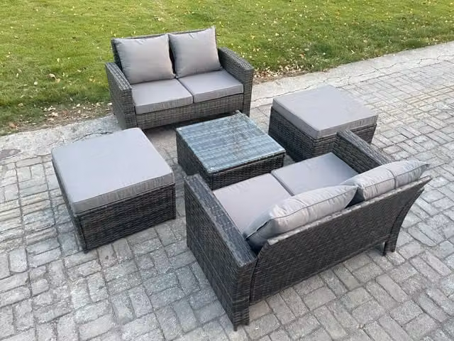Fimous 5 Piece Grey Rattan Garden Furniture Set with 2 Double Seater Sofas, Coffee Table and 2 Ottomans