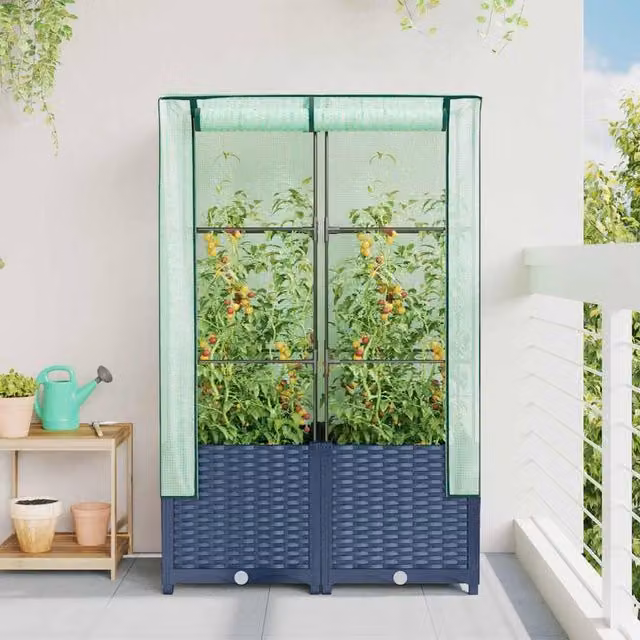 Berkfield Home Raised Bed with Greenhouse Cover in Navy Rattan Look, W: 80 cm, D: 40 cm, H: 138 cm – 1