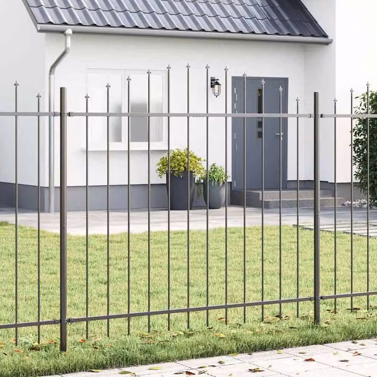 Berkfield Home Grey Powder-Coated Steel Garden Fence with Round Hoop Top, H: 175 cm, W: 5.5 m