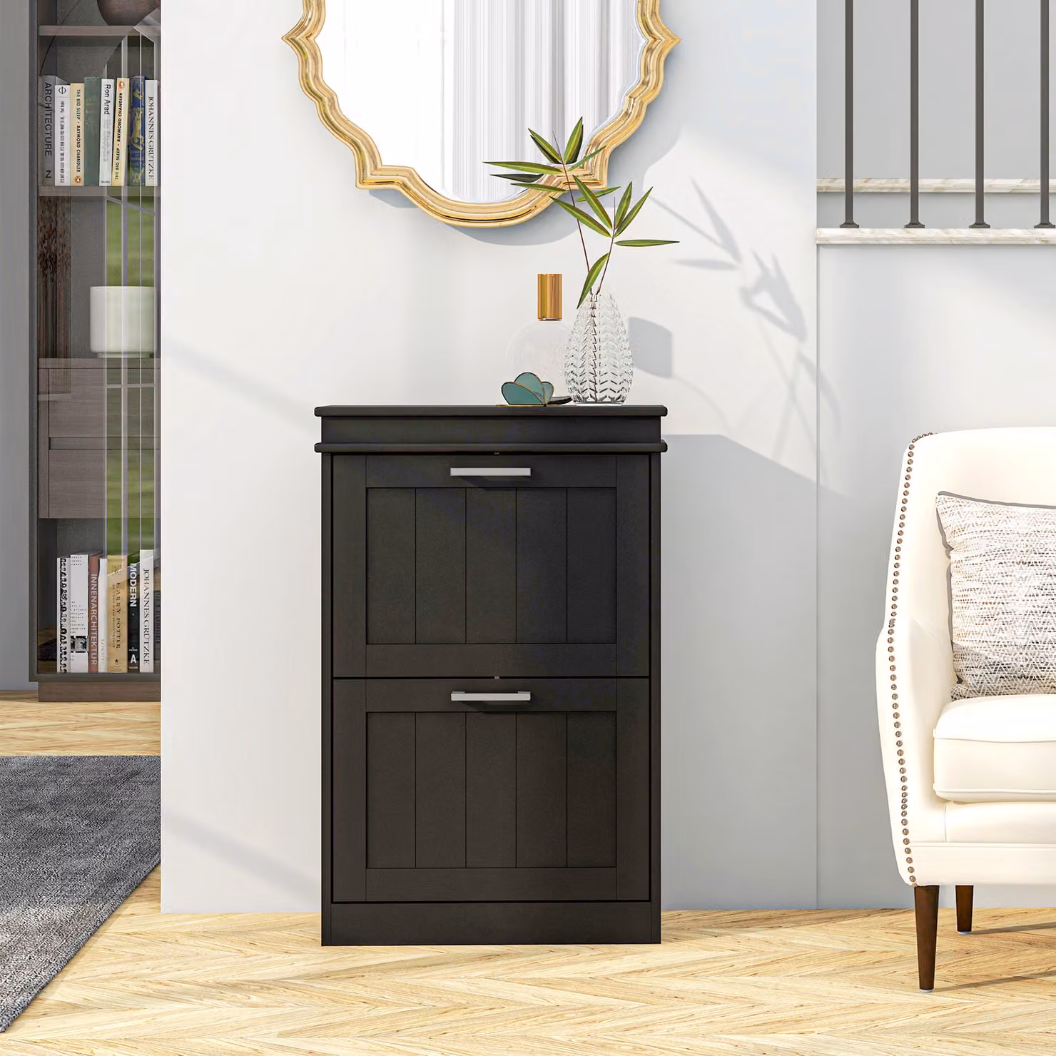 HOMCOM Minimalist Black Two-Drawer Shoe Cabinet with Tilting Compartments for 10 Pairs of Shoes – 8