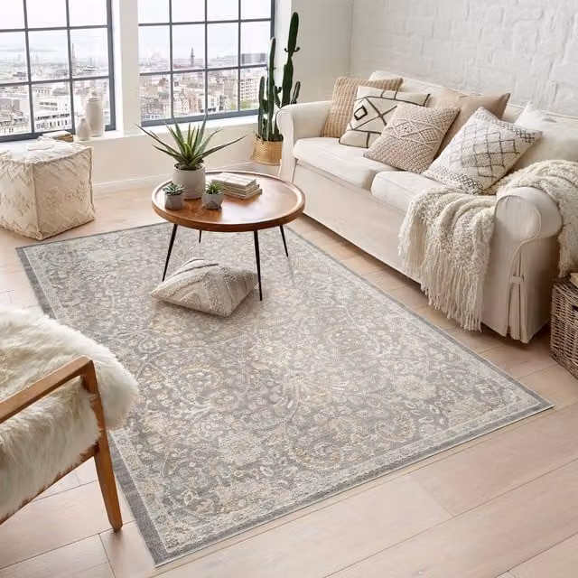 Desire Rugs Maia Grey Floral Traditional Washable Non-Slip Area Rug, W: 120 cm, L: 180 cm