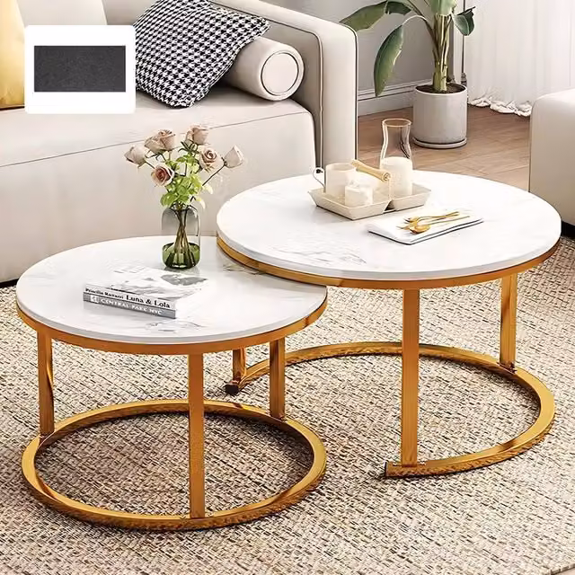 Ventryn Set of 2 Round Nesting Coffee Tables in White and Gold with Marble Tops – 1