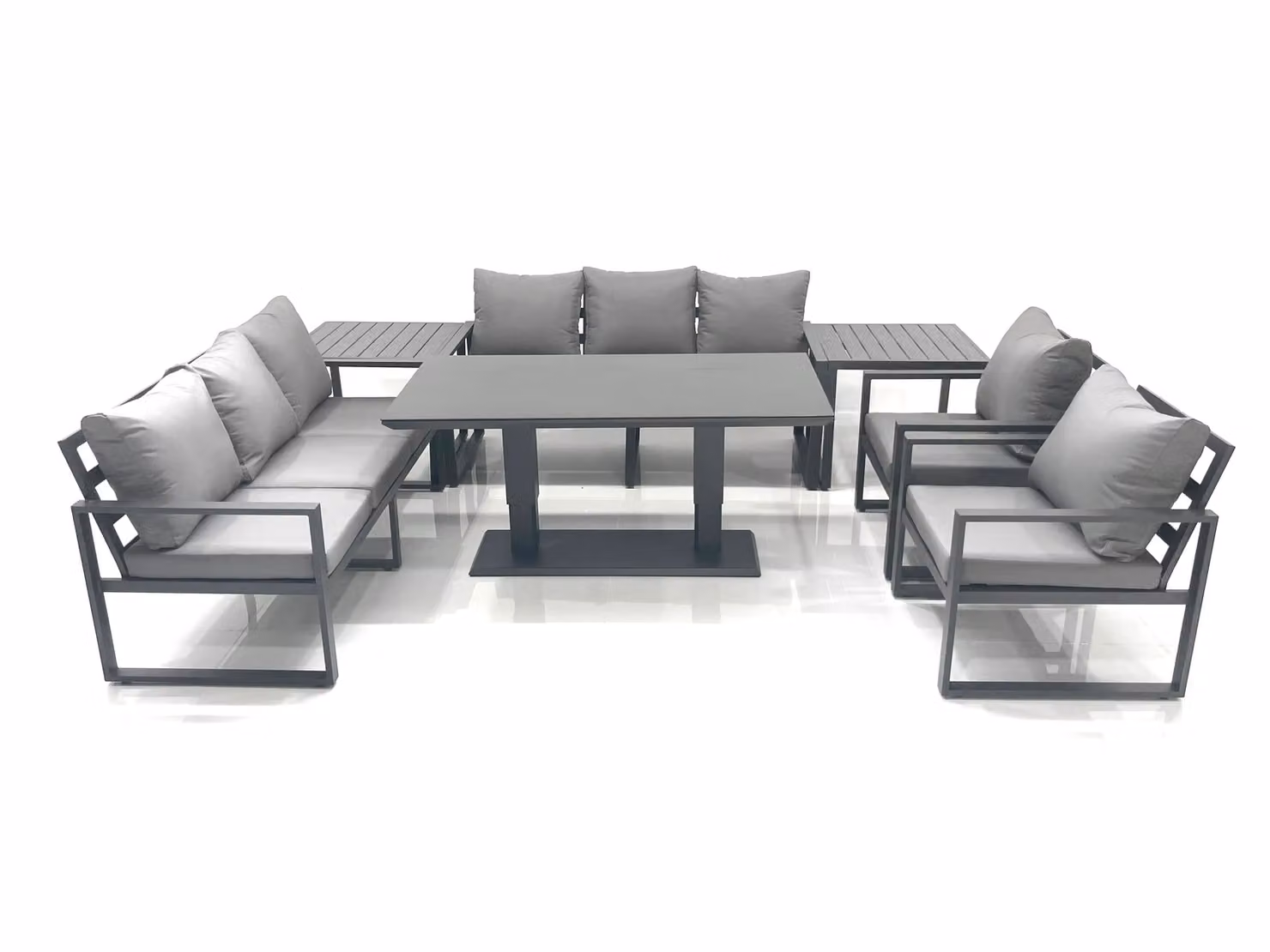 Fimous Dark Grey Aluminium Garden Sofa Set with Rising Dining Table, 2 Chairs and 2 Side Tables – 2