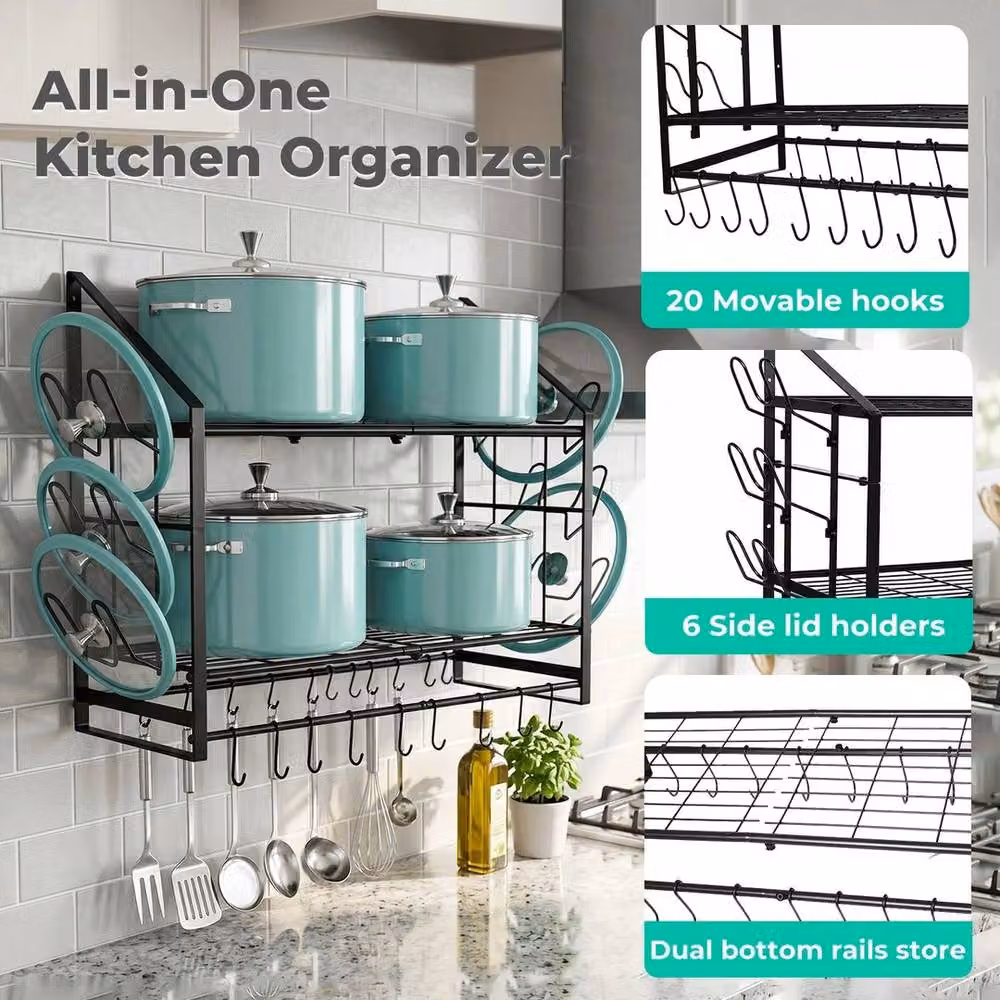 KORVIXA Black Matt Metal Wall Mounted Pot Rack and Kitchen Storage Organiser Shelf – 4