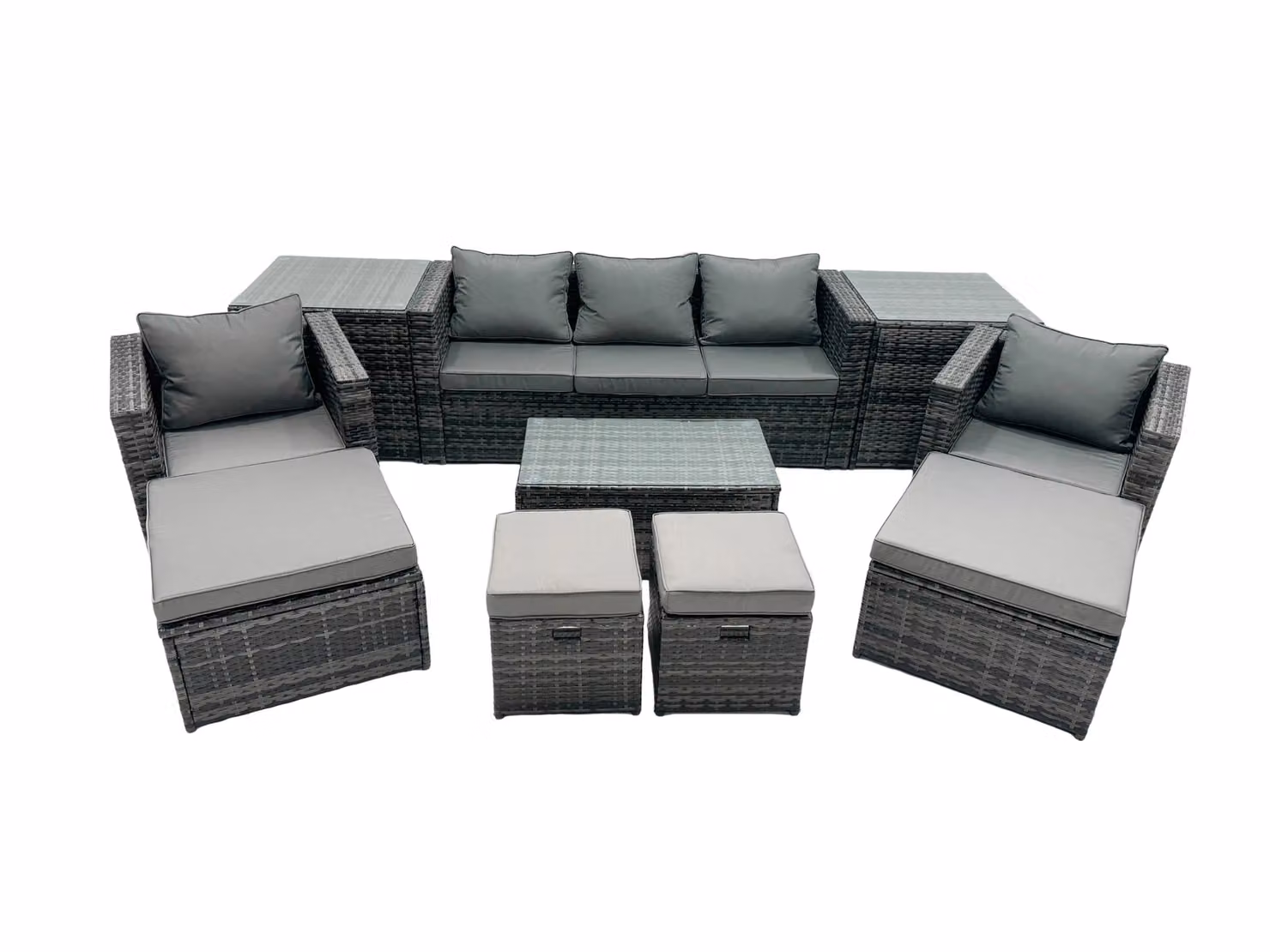 Fimous Outdoor Coffee Table Sofa Set with 2 Side Tables and Large Stools in Dark Grey – 2