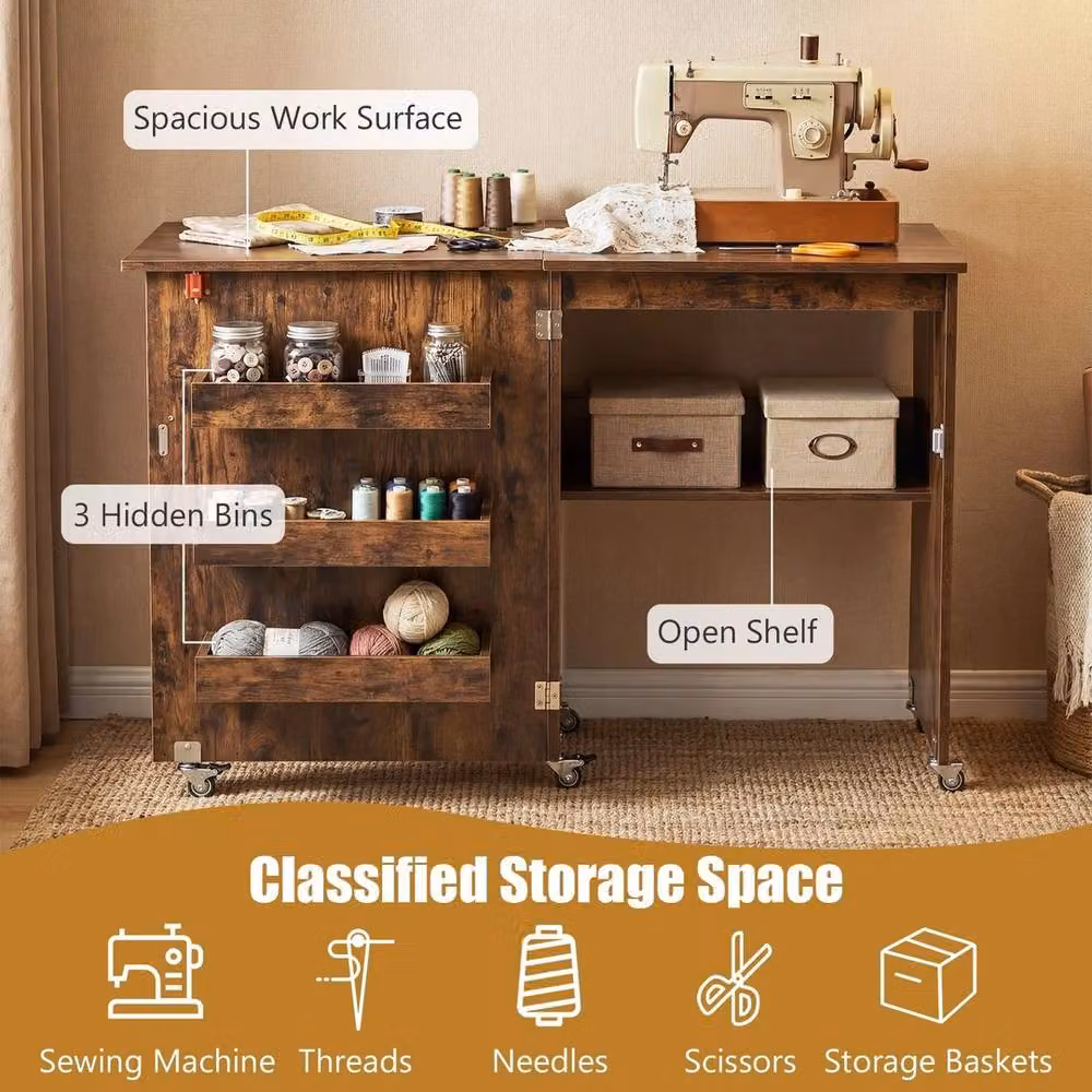 NESTLUNE Mobile Sewing Machine Desk with Lockable Wheels, Brown, W: 100 cm, D: 15 cm – 5