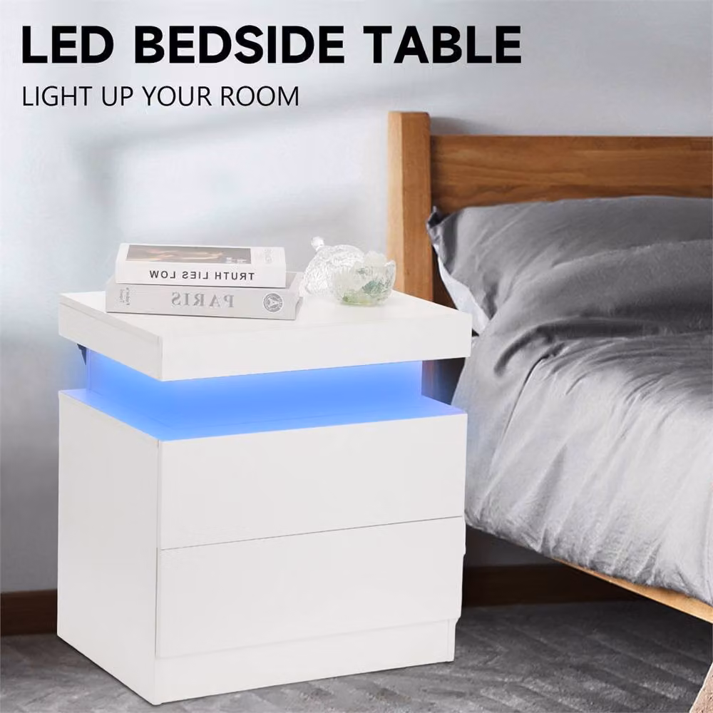 Nordara White High Gloss LED Bedside Table with 2 Drawers and RGB Integrated Lighting – 2