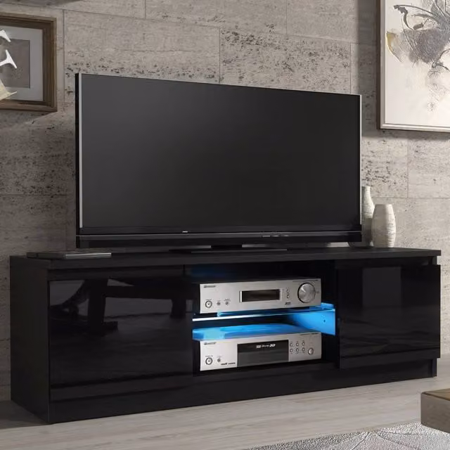 Creative Furniture Aura Modern TV Unit in Black with Glossy Glass Doors and Integrated Lighting, W: 120 cm, D: 38 cm, H: 40 cm – 1