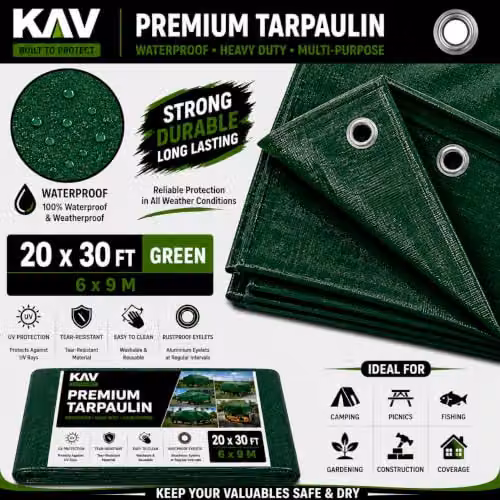 KAV Heavy Duty Waterproof Tarpaulin with Eyelets, Green, 6m x 9m – 2
