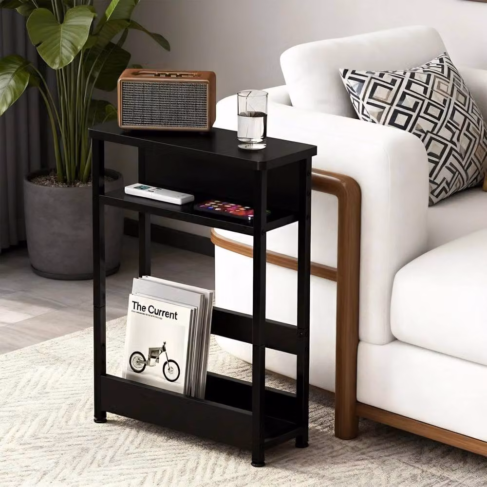 London Boutique 3-Tier Narrow Side Table with Magazine Rack in Black – 7