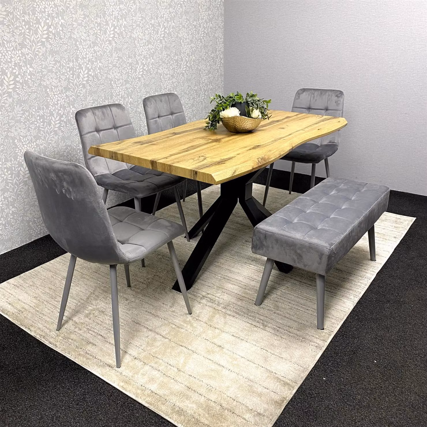 KOSY KOALA Brown Wooden Rectangular Dining Table Set with 2 Grey Velvet Chairs and Padded Bench – 4