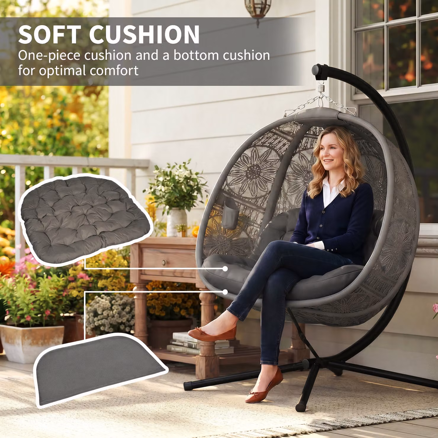 Outsunny Round Egg Basket Lounge Chair with Steel Stand and Cushions, Charcoal Grey – 3