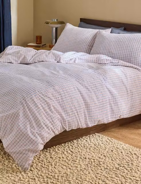 MADE Felix Seersucker Pure Cotton Checked Duvet Cover Set, Lilac, W: 140 cm, H: 200 cm