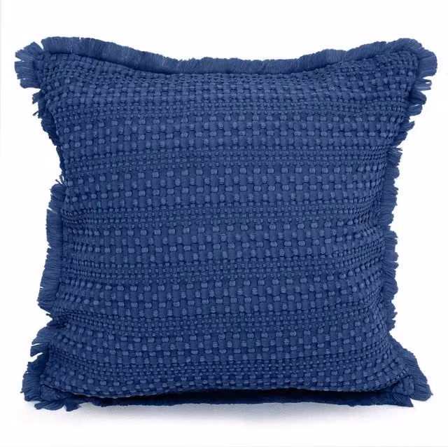 Velosso Blue Striped Boho Square Waffle Fringe Edge Cushion