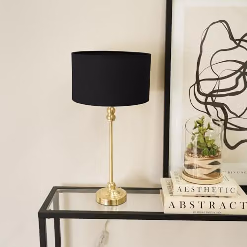 ValueLights Maggie Gold Metal Candlestick Slim Table Lamp with Black Fabric Drum Shade – 2