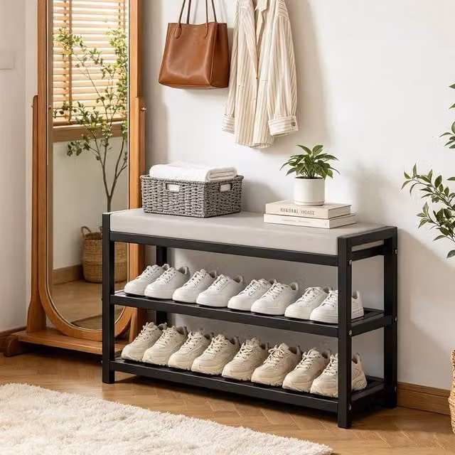KORVIXA Black Upholstered Shoe Bench Stool and Storage Rack, W: 90 cm